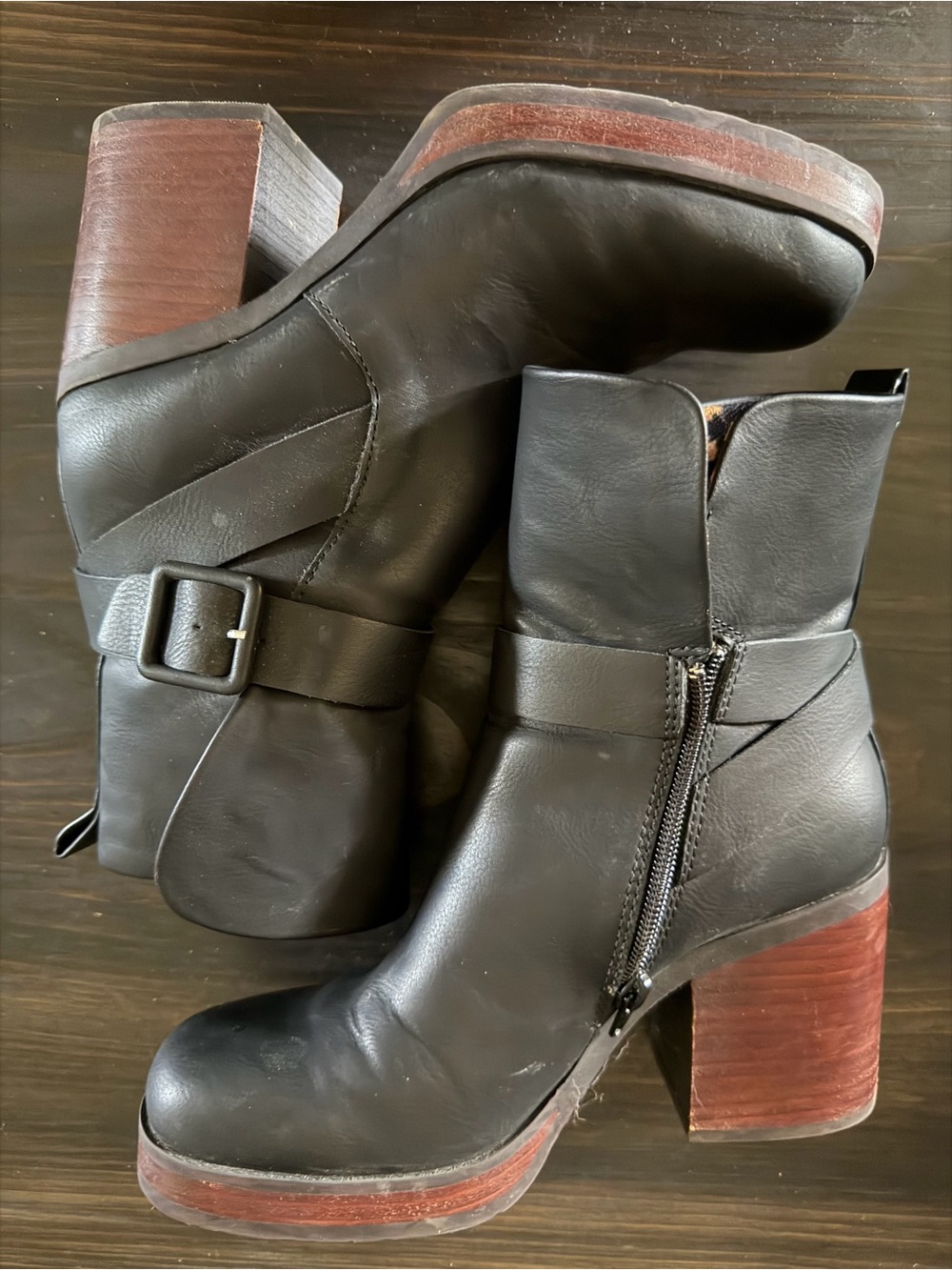 Kork-Ease Black Leather Buckle Zip Ankle Boots with Brown Stacked Heel